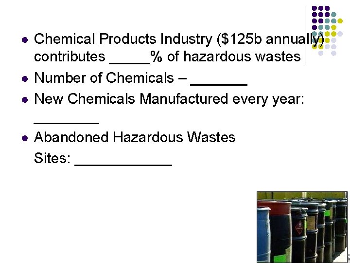 l l Chemical Products Industry ($125 b annually) contributes _____% of hazardous wastes Number