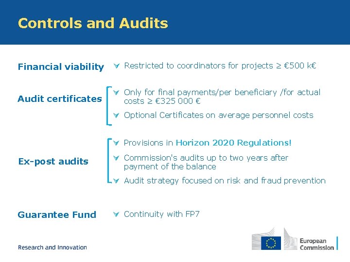 Controls and Audits Financial viability Ú Restricted to coordinators for projects ≥ € 500