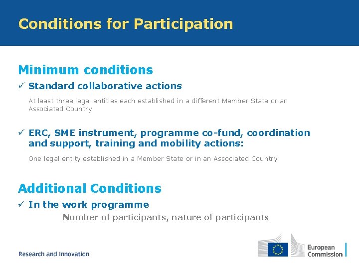 Conditions for Participation Minimum conditions ü Standard collaborative actions At least three legal entities