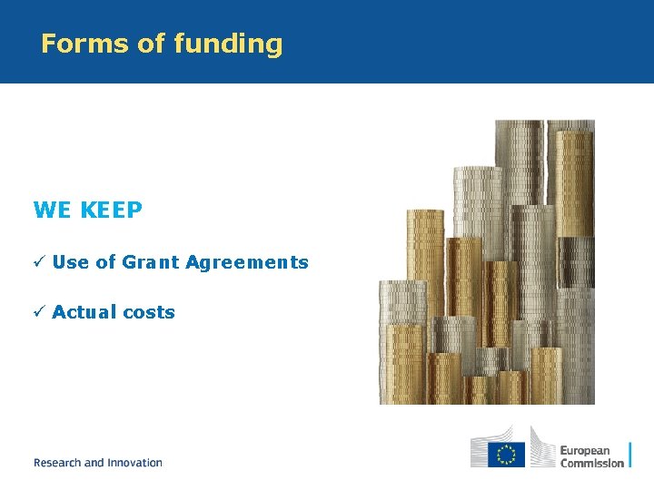 Forms of funding WE KEEP ü Use of Grant Agreements ü Actual costs 