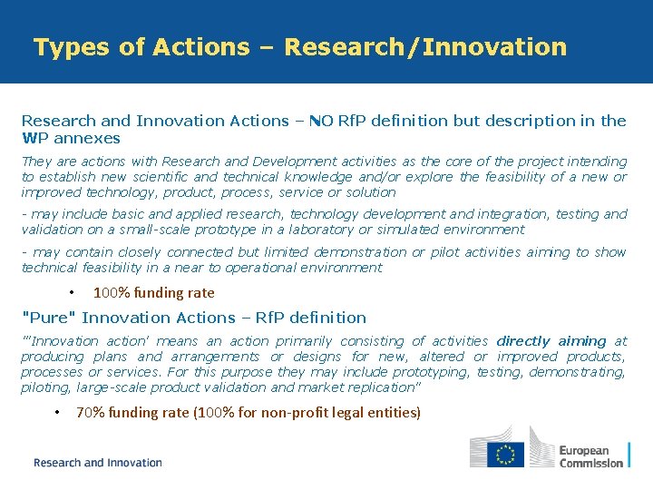 Types of Actions – Research/Innovation Research and Innovation Actions – NO Rf. P definition