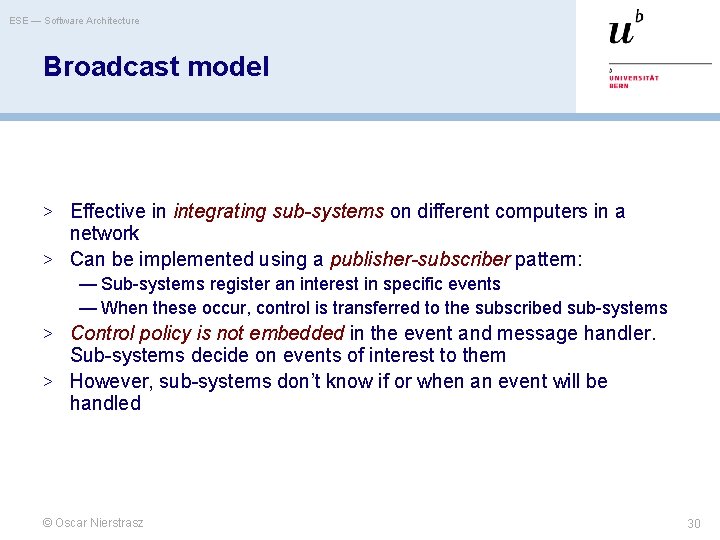 ESE — Software Architecture Broadcast model > Effective in integrating sub-systems on different computers