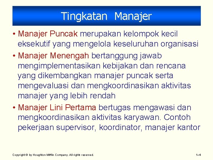 Tingkatan Manajer • Manajer Puncak merupakan kelompok kecil eksekutif yang mengelola keseluruhan organisasi •