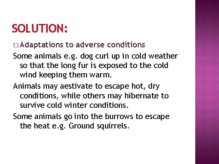 SOLUTION: � Adaptations to adverse conditions Some animals e. g. dog curl up in