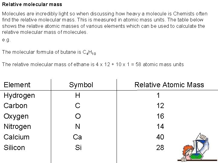 Relative molecular mass Molecules are incredibly light so when discussing how heavy a molecule