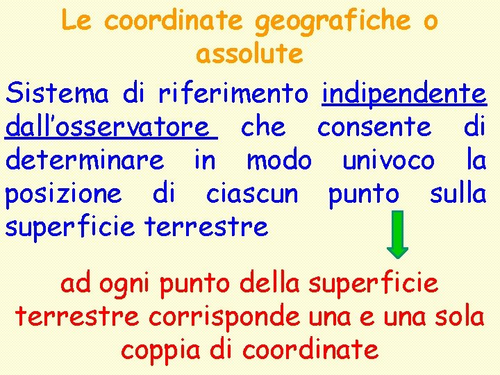 Le coordinate geografiche o assolute Sistema di riferimento indipendente dall’osservatore che consente di determinare