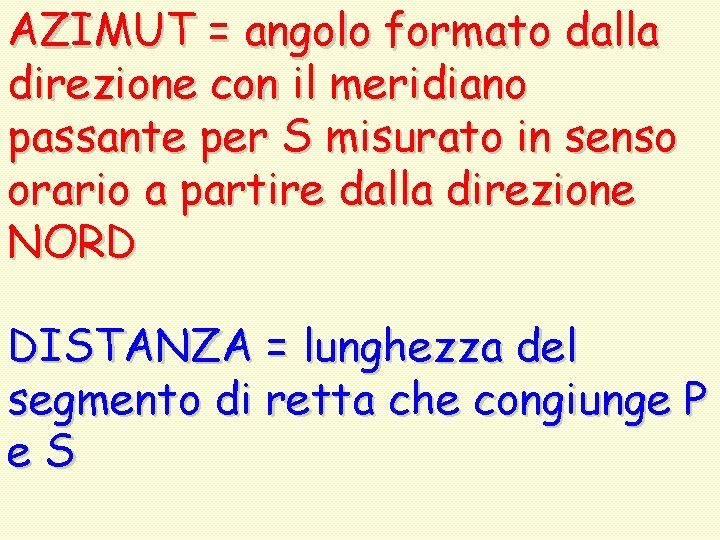 AZIMUT = angolo formato dalla direzione con il meridiano passante per S misurato in