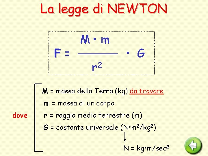 La legge di NEWTON F= M • m r 2 • G M =