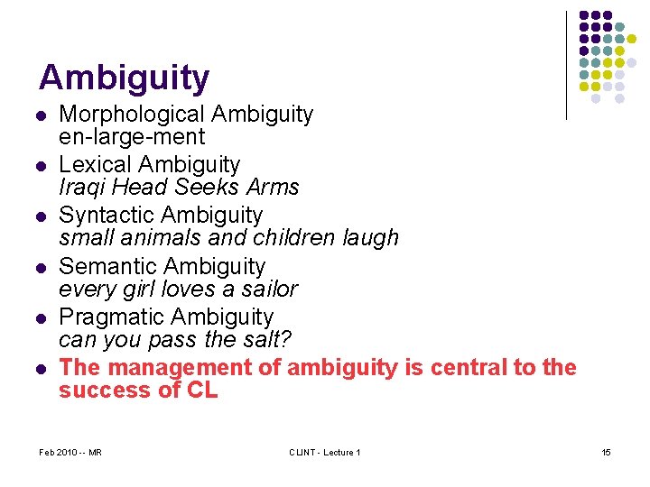 Ambiguity l l l Morphological Ambiguity en-large-ment Lexical Ambiguity Iraqi Head Seeks Arms Syntactic