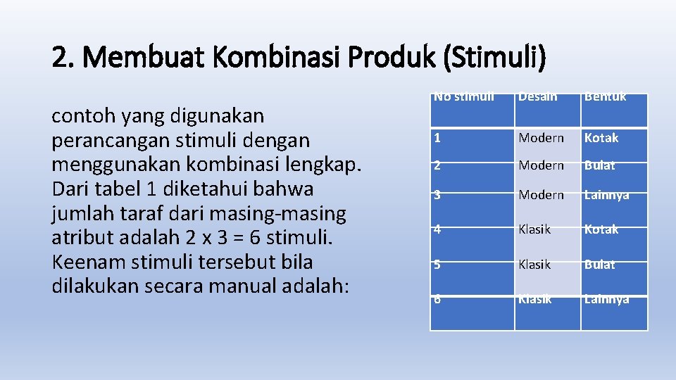 2. Membuat Kombinasi Produk (Stimuli) contoh yang digunakan perancangan stimuli dengan menggunakan kombinasi lengkap.