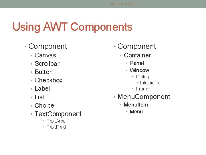 SACIN KHARADE Using AWT Components • Component • Canvas • Scrollbar • Button •