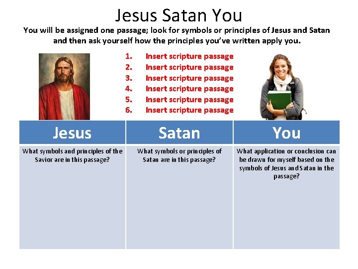 Jesus Satan You will be assigned one passage; look for symbols or principles of