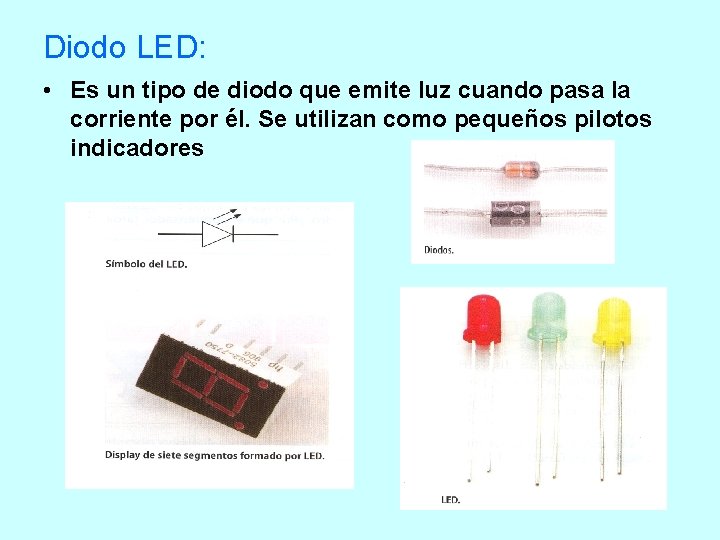 Diodo LED: • Es un tipo de diodo que emite luz cuando pasa la Diodo LED: • Es un tipo de diodo que emite luz cuando pasa la