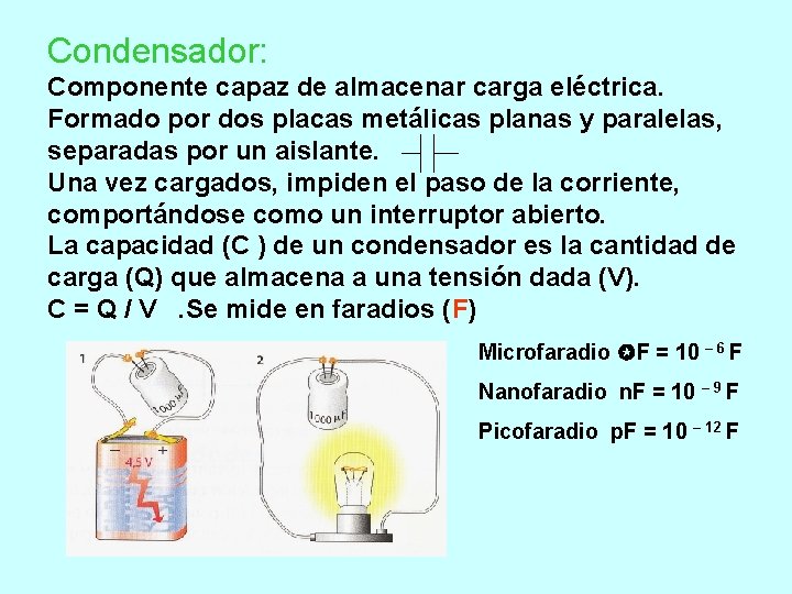Condensador: Componente capaz de almacenar carga eléctrica. Formado por dos placas metálicas planas y Condensador: Componente capaz de almacenar carga eléctrica. Formado por dos placas metálicas planas y