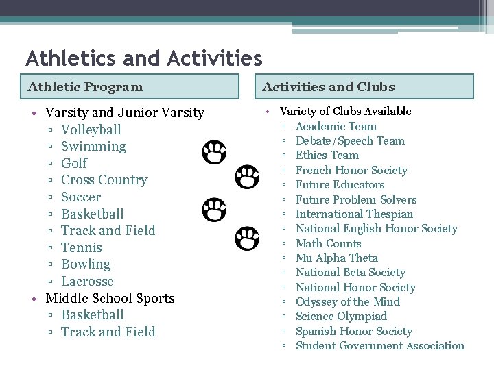 Athletics and Activities Athletic Program Activities and Clubs • Varsity and Junior Varsity ▫