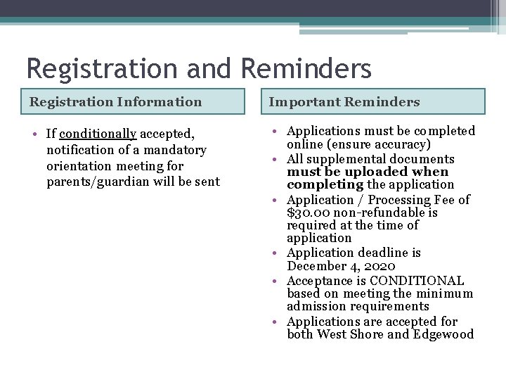 Registration and Reminders Registration Information Important Reminders • If conditionally accepted, notification of a