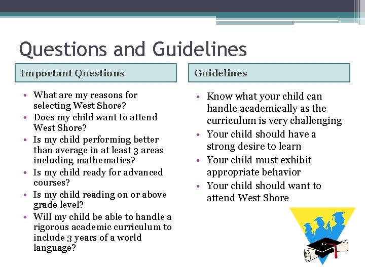 Questions and Guidelines Important Questions Guidelines • What are my reasons for selecting West