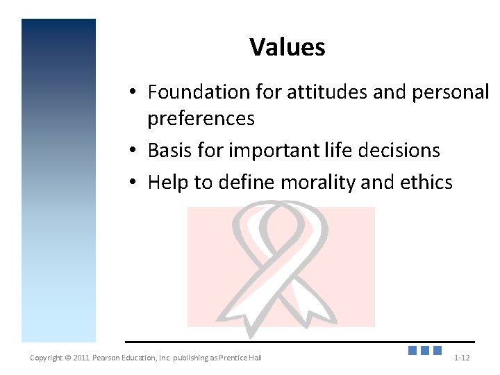 Values • Foundation for attitudes and personal preferences • Basis for important life decisions