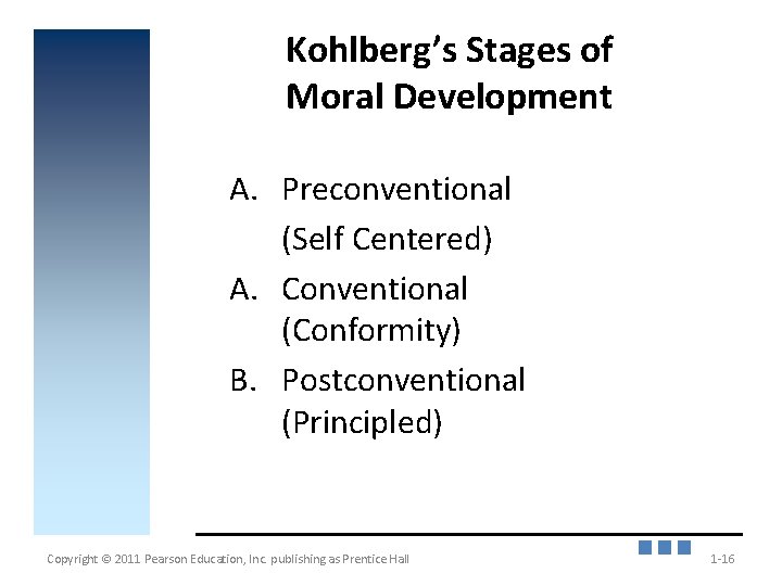 Kohlberg’s Stages of Moral Development A. Preconventional (Self Centered) A. Conventional (Conformity) B. Postconventional