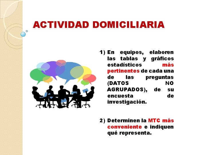 ACTIVIDAD DOMICILIARIA 1) En equipos, elaboren las tablas y gráficos estadísticos más pertinentes de