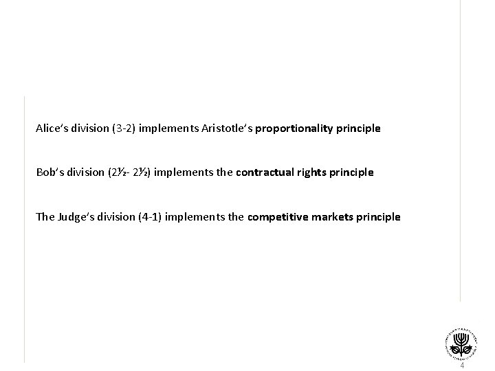 Alice’s division (3 -2) implements Aristotle’s proportionality principle Bob’s division (2½- 2½) implements the