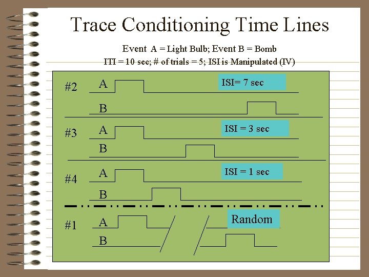 Trace Conditioning Time Lines Event A = Light Bulb; Event B = Bomb ITI