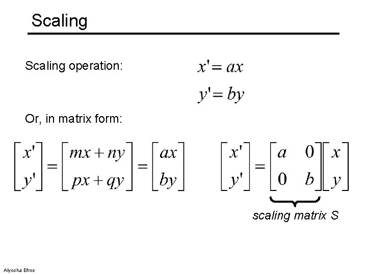 Scaling operation: Or, in matrix form: scaling matrix S Alyosha Efros 