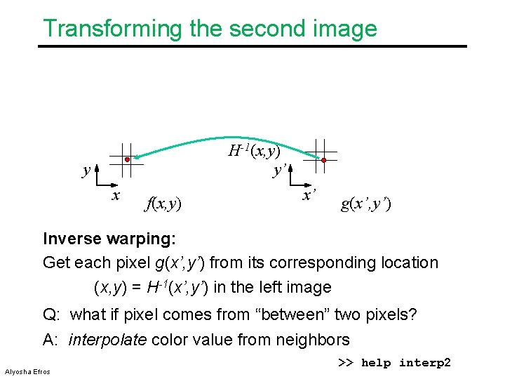Transforming the second image H-1(x, y) y’ y x f(x, y) x’ g(x’, y’)