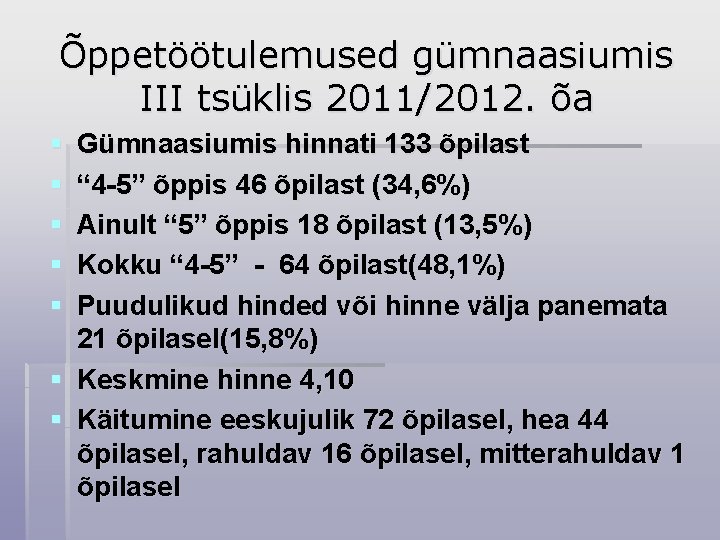 Õppetöötulemused gümnaasiumis III tsüklis 2011/2012. õa § § § Gümnaasiumis hinnati 133 õpilast “