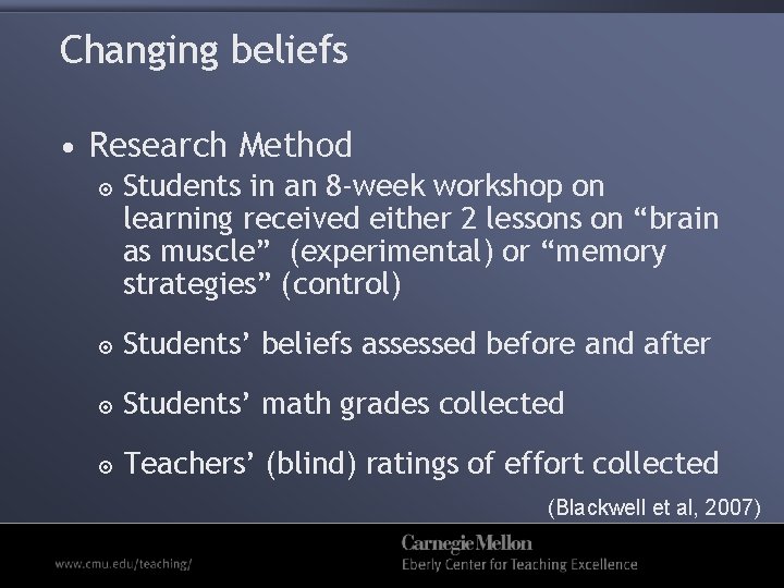 Changing beliefs • Research Method Students in an 8 -week workshop on learning received