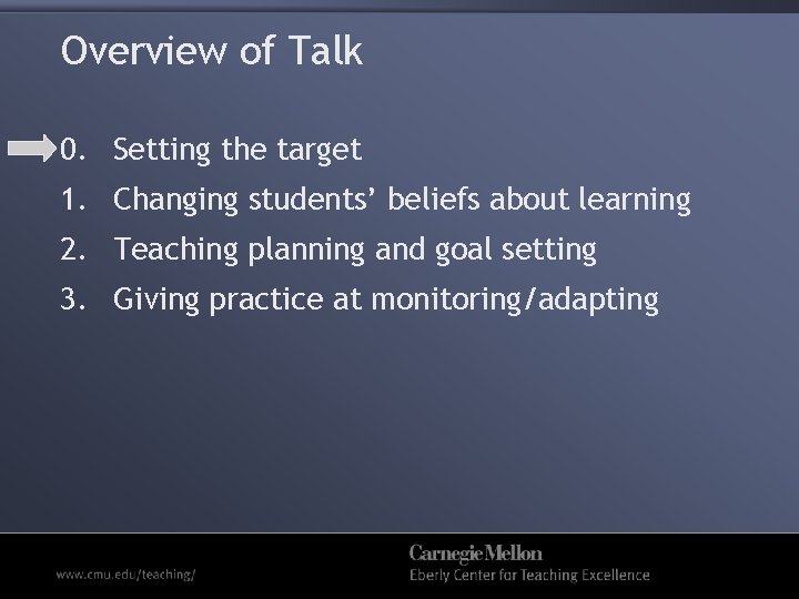 Overview of Talk 0. Setting the target 1. Changing students’ beliefs about learning 2.