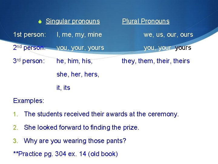 S Singular pronouns Plural Pronouns 1 st person: I, me, my, mine we, us,