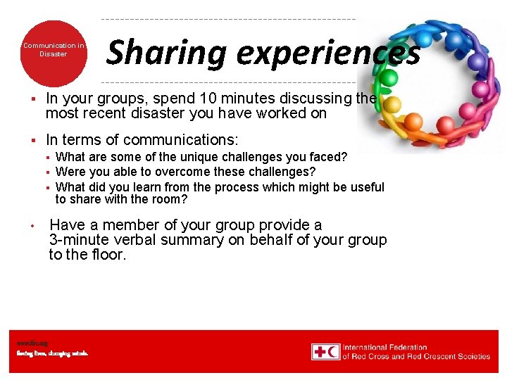 Communication in Disaster Sharing experiences § In your groups, spend 10 minutes discussing the Communication in Disaster Sharing experiences § In your groups, spend 10 minutes discussing the