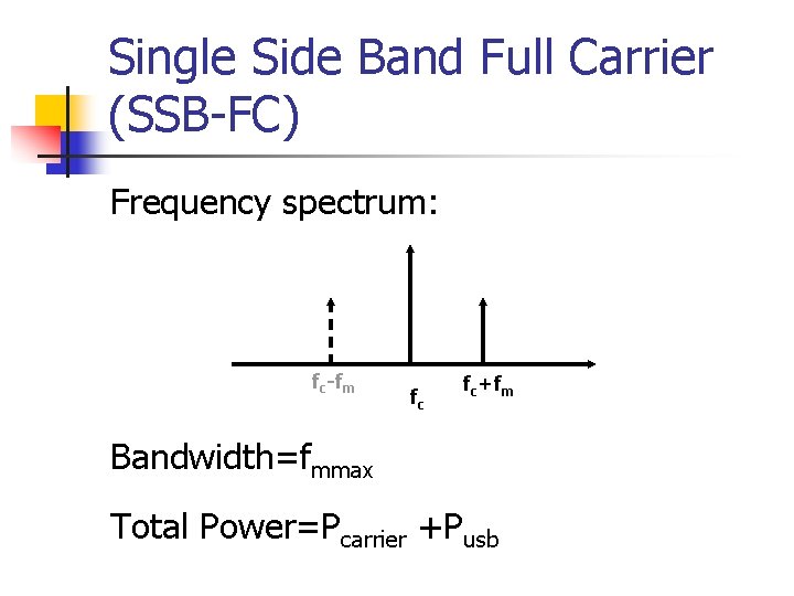 Single Side Band Full Carrier (SSB-FC) Frequency spectrum: fc-fm fc fc+fm Bandwidth=fmmax Total Power=Pcarrier