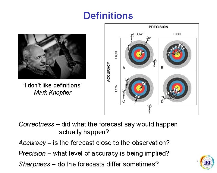 Definitions “I don’t like definitions” Mark Knopfler Correctness – did what the forecast say