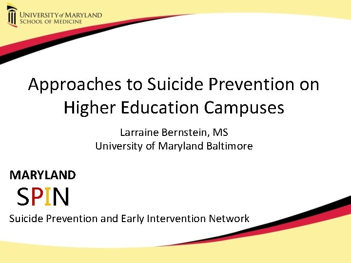 Approaches to Suicide Prevention on Higher Education Campuses Larraine Bernstein, MS University of Maryland