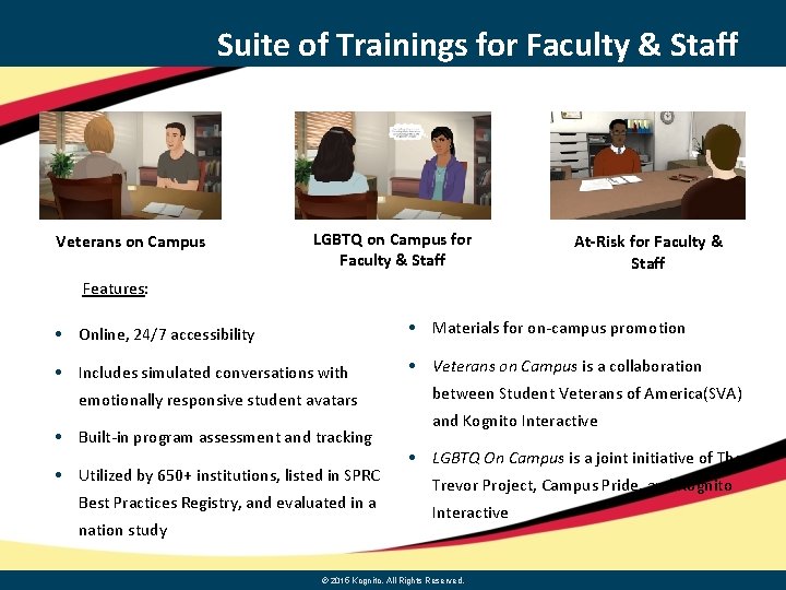 Suite of Trainings for Faculty & Staff Veterans on Campus LGBTQ on Campus for