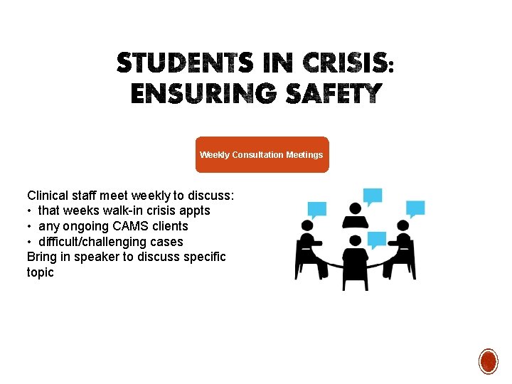 Weekly Consultation Meetings Clinical staff meet weekly to discuss: • that weeks walk-in crisis