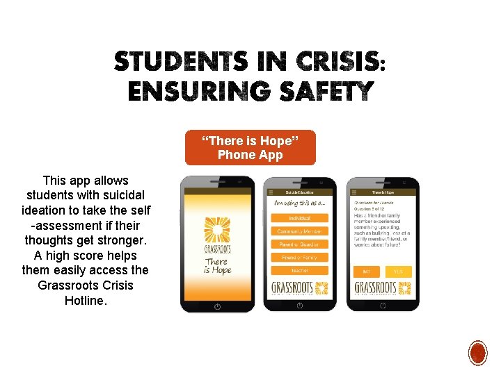 “There is Hope” Phone App This app allows students with suicidal ideation to take