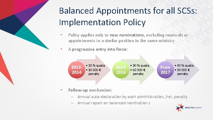 Balanced Appointments for all SCSs: Implementation Policy • Policy applies only to new nominations,