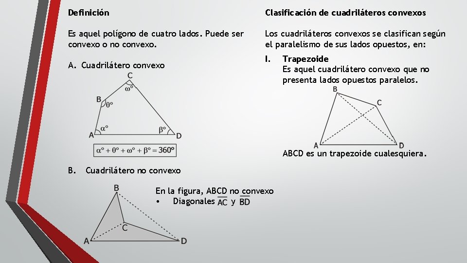 Definición Clasificación de cuadriláteros convexos Es aquel polígono de cuatro lados. Puede ser convexo