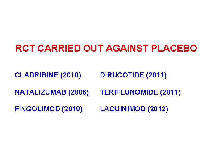 RCT CARRIED OUT AGAINST PLACEBO CLADRIBINE (2010) DIRUCOTIDE (2011) NATALIZUMAB (2006) TERIFLUNOMIDE (2011) FINGOLIMOD