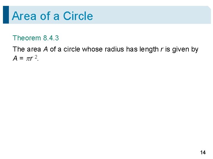 Area of a Circle Theorem 8. 4. 3 The area A of a circle