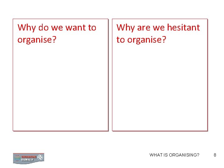 Why do we want to organise? Why are we hesitant to organise? WHAT IS