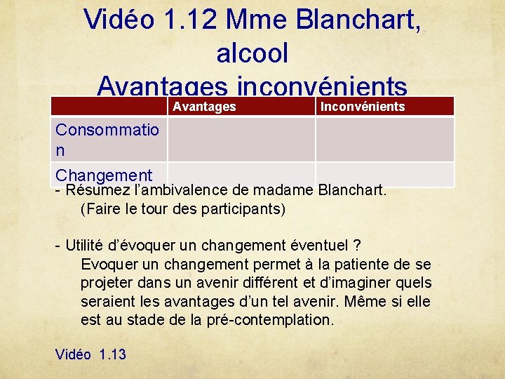 Vidéo 1. 12 Mme Blanchart, alcool Avantages inconvénients Avantages Inconvénients Consommatio n Changement -