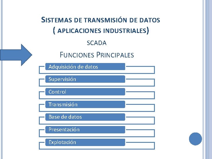 SISTEMAS DE TRANSMISIÓN DE DATOS ( APLICACIONES INDUSTRIALES) SCADA FUNCIONES PRINCIPALES Adquisición de datos