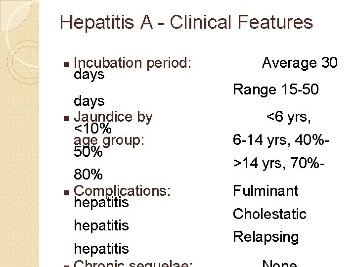 Hepatitis A - Clinical Features n Incubation period: days n Jaundice by <10% age