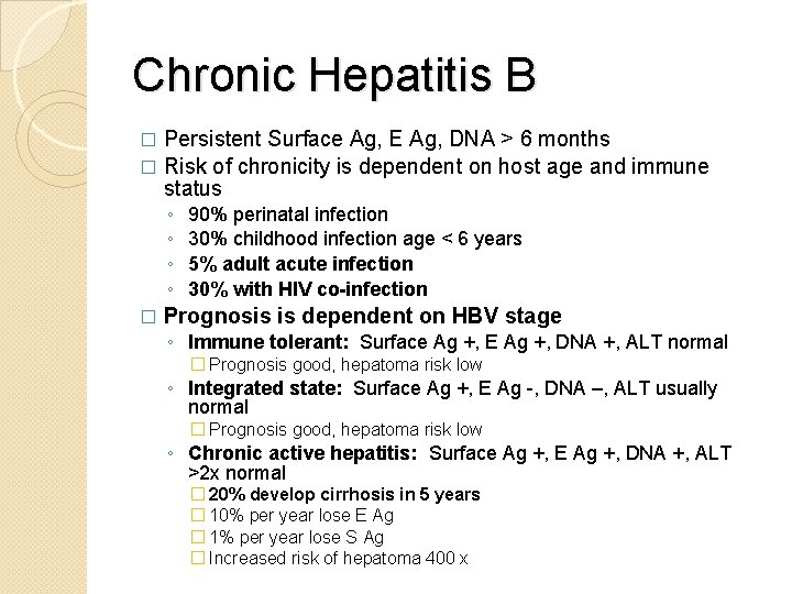 Chronic Hepatitis B Persistent Surface Ag, E Ag, DNA > 6 months � Risk
