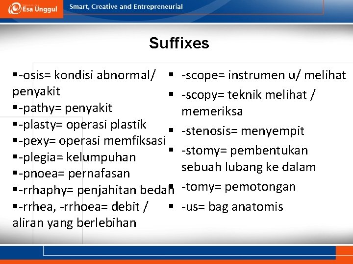 Suffixes §-osis= kondisi abnormal/ § penyakit § §-pathy= penyakit §-plasty= operasi plastik § §-pexy=