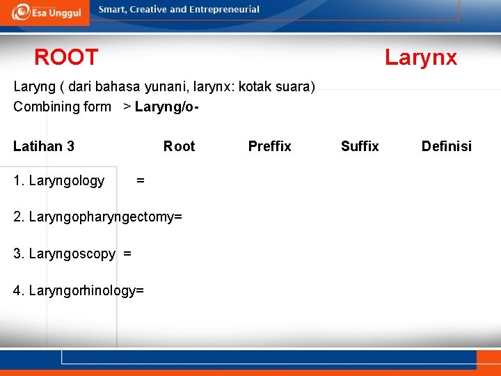 ROOT Larynx Laryng ( dari bahasa yunani, larynx: kotak suara) Combining form > Laryng/o.